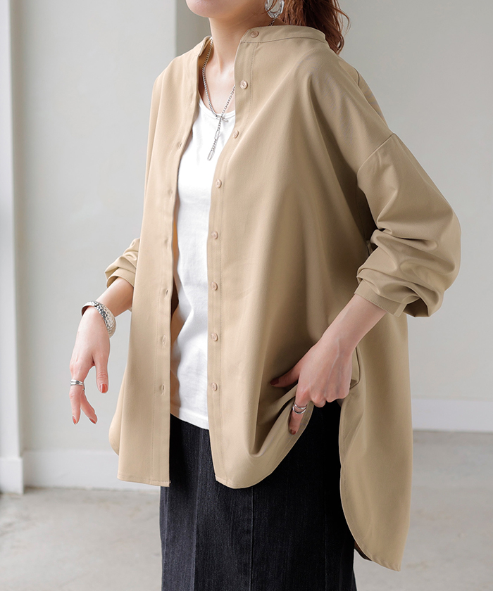 パラスパレス リネン100% ノーカラー ロングシャツ チュニック ブルー HUG.U シャツ ぽわん袖 レディース トップス ブラウス ロング