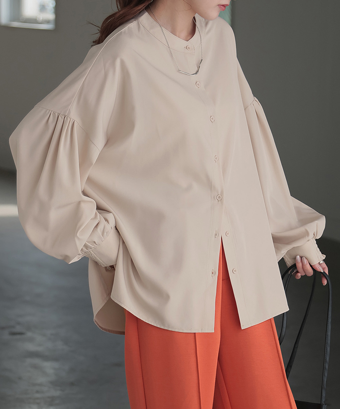 シャツ レディース ノーカラー トップス ストレッチ バンドカラー ブラウス ロング ロングシャツ チュニック スリット 長袖 無地 羽織 ライトアウター きれいめ | HUG.U | 02