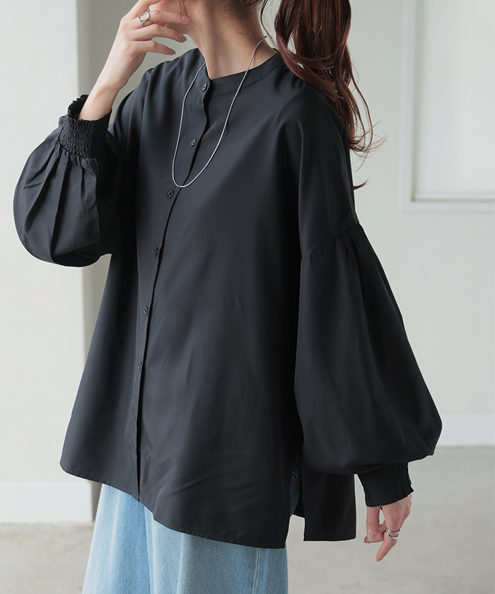 シャツ レディース ノーカラー トップス ストレッチ バンドカラー ブラウス ロング ロングシャツ チュニック スリット 長袖 無地 羽織 ライトアウター きれいめ | HUG.U | 04