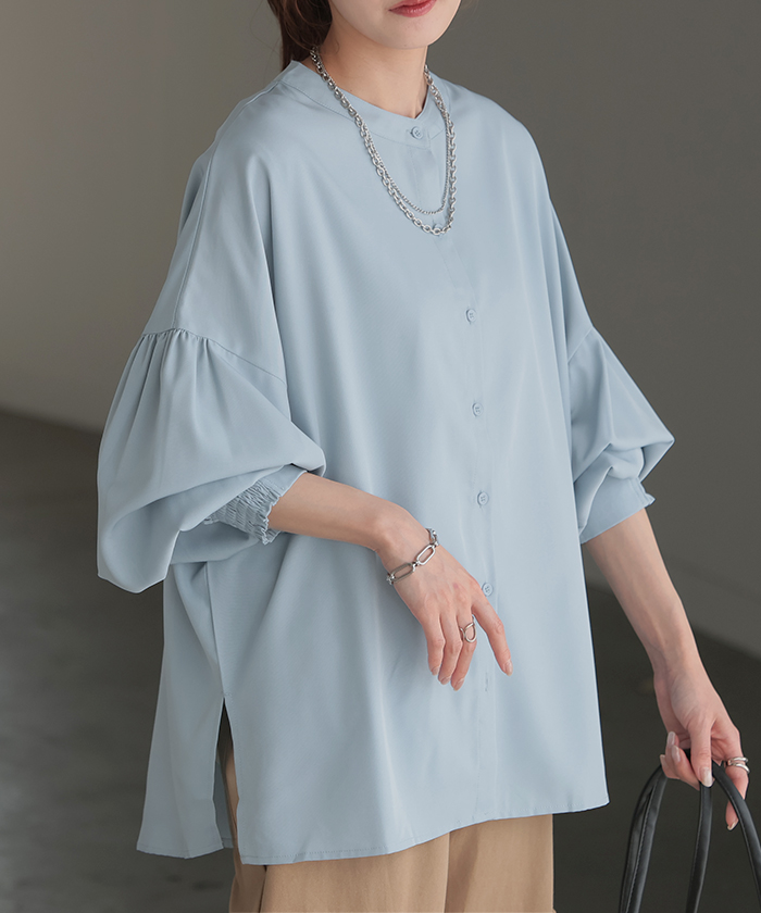 シャツ レディース ノーカラー トップス ストレッチ バンドカラー ブラウス ロング ロングシャツ チュニック スリット 長袖 無地 羽織 ライトアウター きれいめ | HUG.U | 03