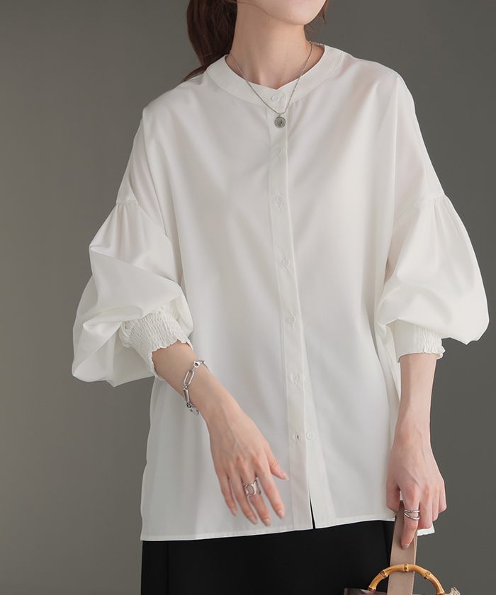 シャツ レディース ノーカラー トップス ストレッチ バンドカラー ブラウス ロング ロングシャツ チュニック スリット 長袖 無地 羽織 ライトアウター きれいめ | HUG.U | 01