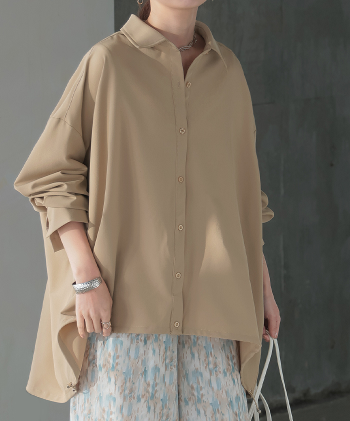 シャツ チュニック ロング レディース トップス ロングシャツ ブラウス ロングブラウス  Vネック 無地 ドロスト ゆったり シンプル 大きいサイズ 体型カバー | HUG.U | 02