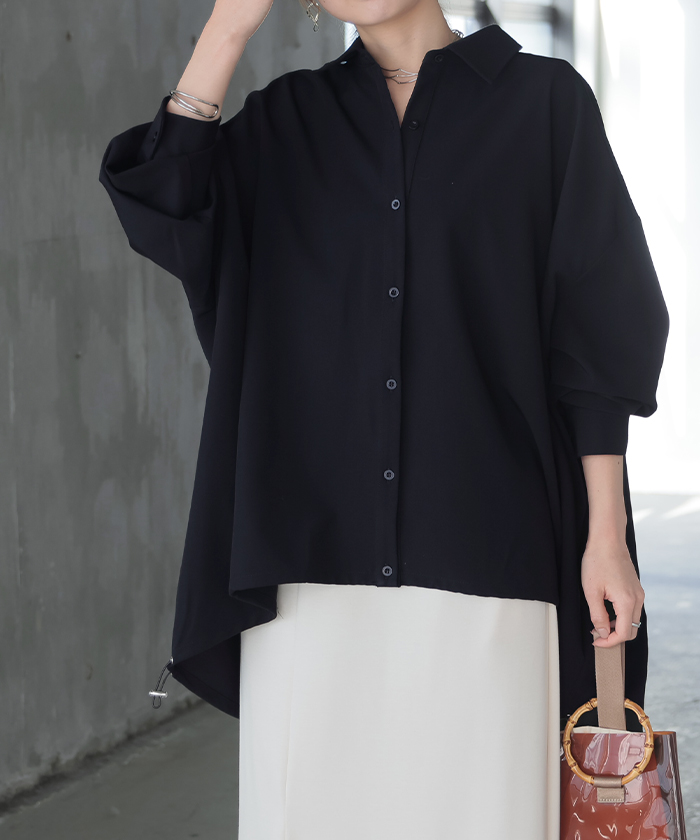 シャツ チュニック ロング レディース トップス ロングシャツ ブラウス ロングブラウス  Vネック 無地 ドロスト ゆったり シンプル 大きいサイズ 体型カバー | HUG.U | 05