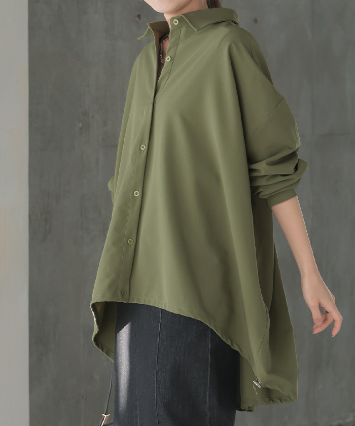 シャツ チュニック ロング レディース トップス ロングシャツ ブラウス ロングブラウス  Vネック 無地 ドロスト ゆったり シンプル 大きいサイズ 体型カバー | HUG.U | 03