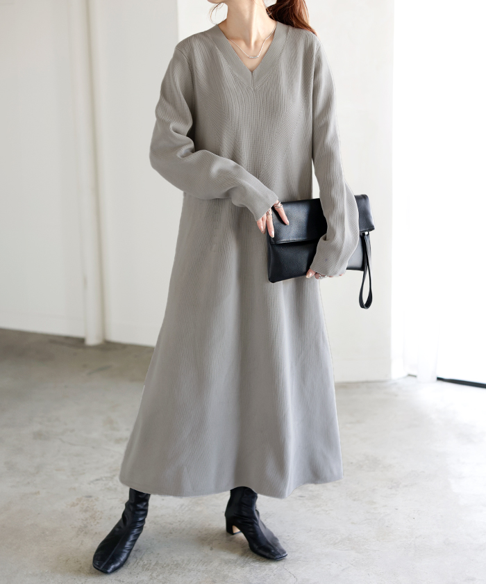 ワンピース ワンピース スポンジニット 選べる 丈 ワンピ レディース ニット 軽量 ロングワンピース Aライン | HUG.U | 05