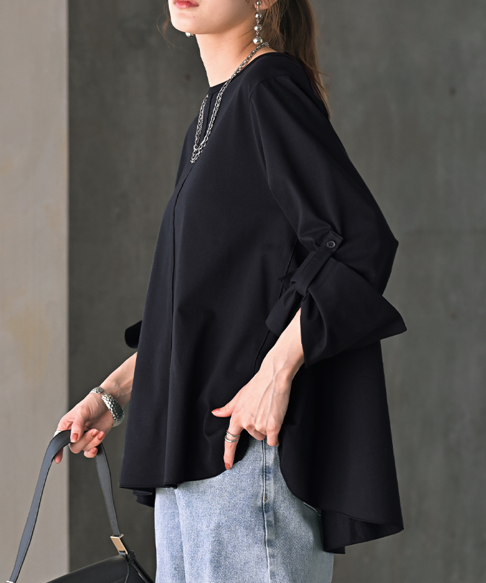 ロンT レディース ブラウス トップス 長袖 Tシャツ カットソー ロング フレア袖 ティーシャツ チュニック ビッグ プラスサイズ クルーネック 長い ドルマン | HUG.U | 02