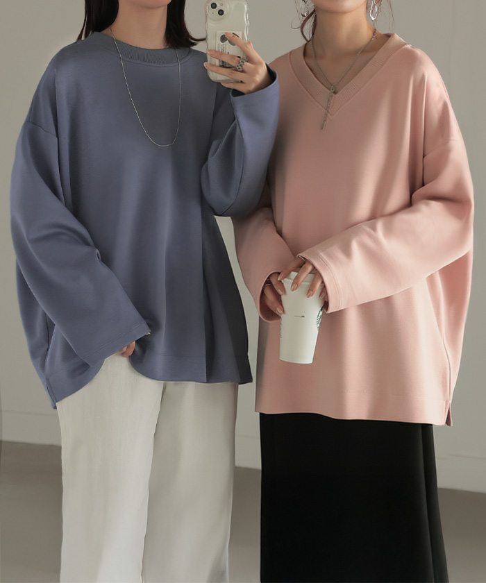 トップス Tシャツ ロンT レディース ポンチ生地 ストレッチ 半袖 長袖 Tシャツ カットソー ロング | HUG.U | 02