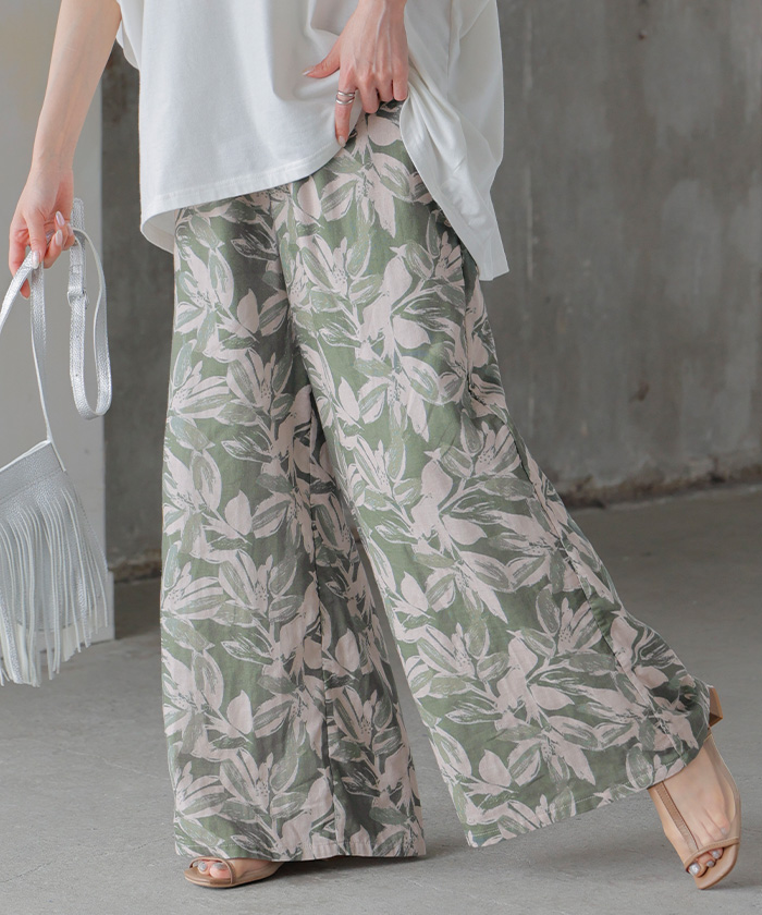 パンツ 綿100％ ボタニカル 柄 レディース ワイド ワイドパンツ ロング ロングパンツ 体型カバー ボトムス ボトム ストレート ズボン ゆったり ハイウエスト | HUG.U | 02