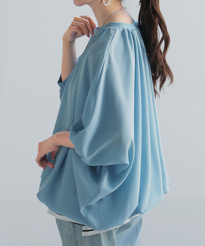 シャツ レディース ノーカラー トップス バンドカラー ドルマン ブラウス ロング ロングシャツ チュニック | HUG.U | 02