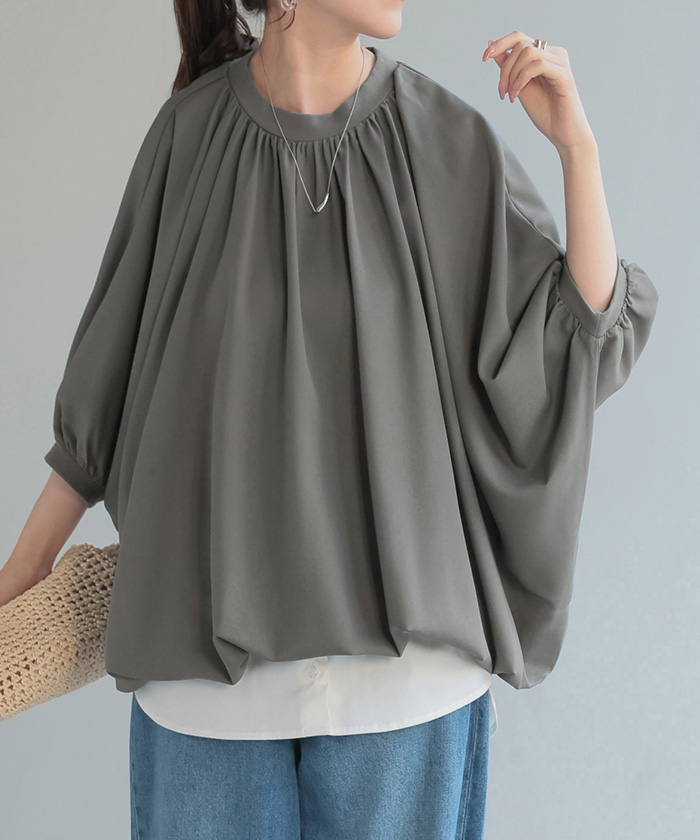 シャツ レディース ノーカラー トップス バンドカラー ドルマン ブラウス ロング ロングシャツ チュニック | HUG.U | 03