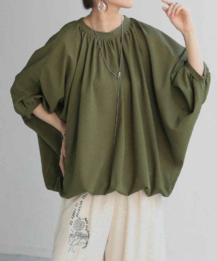 シャツ レディース ノーカラー トップス バンドカラー ドルマン ブラウス ロング ロングシャツ チュニック | HUG.U | 04