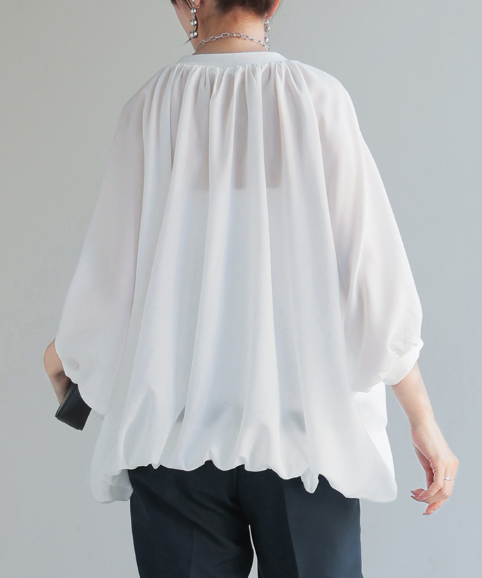 シャツ レディース ノーカラー トップス バンドカラー ドルマン ブラウス ロング ロングシャツ チュニック | HUG.U | 01