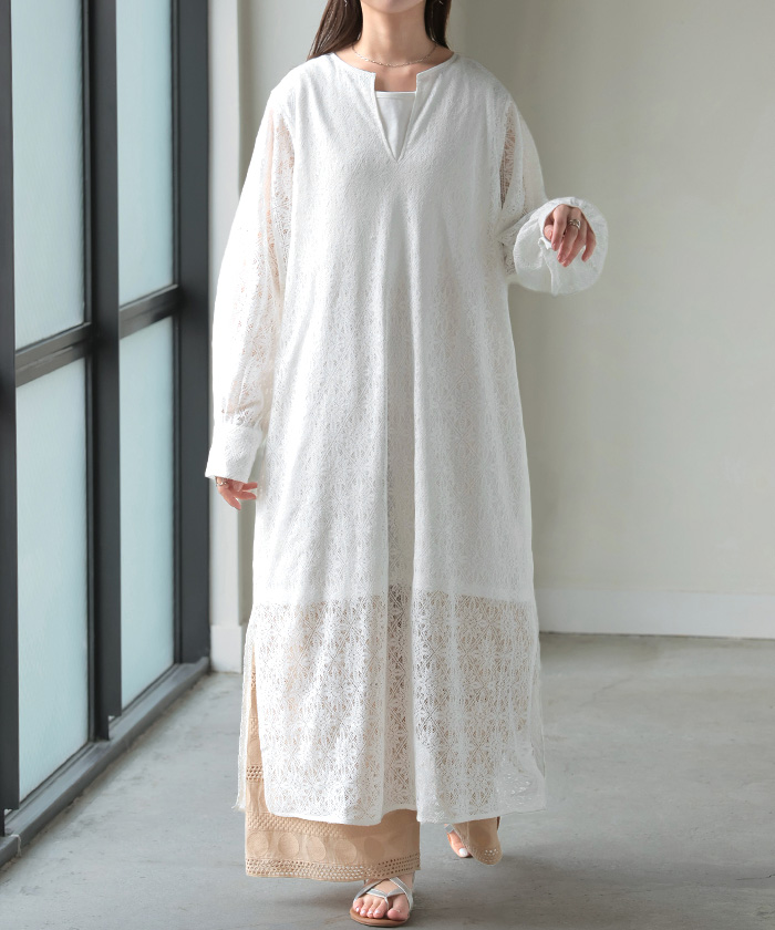 SALE ワンピース 総 レース ロング 長袖 ワンピ 花柄 ダイヤ 透かし編み 透け レディース キーネック 別売り セットアップ 可能 | HUG.U | 01