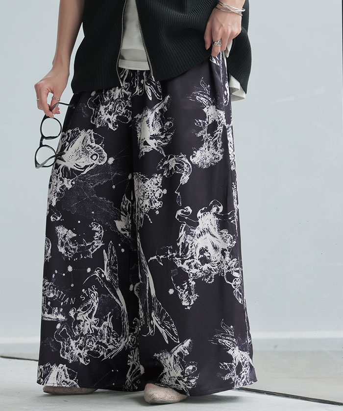 パンツ 柄 ワイドパンツ レディース 総柄 アート ワイド ロング ロングパンツ 体型カバー ボトムス ボトム ストレート ズボン ゆったり ハイウエスト 美脚 ゴム | HUG.U | 01