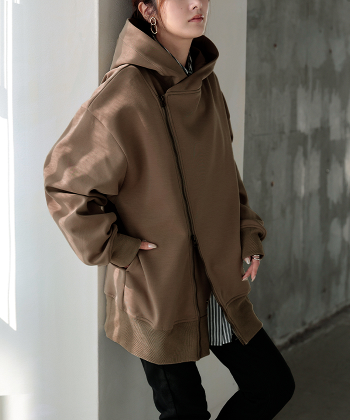 パーカー チュニック アシメ スポーティー アウター レディース ライトアウター トップス トレーナー フード | HUG.U | 04