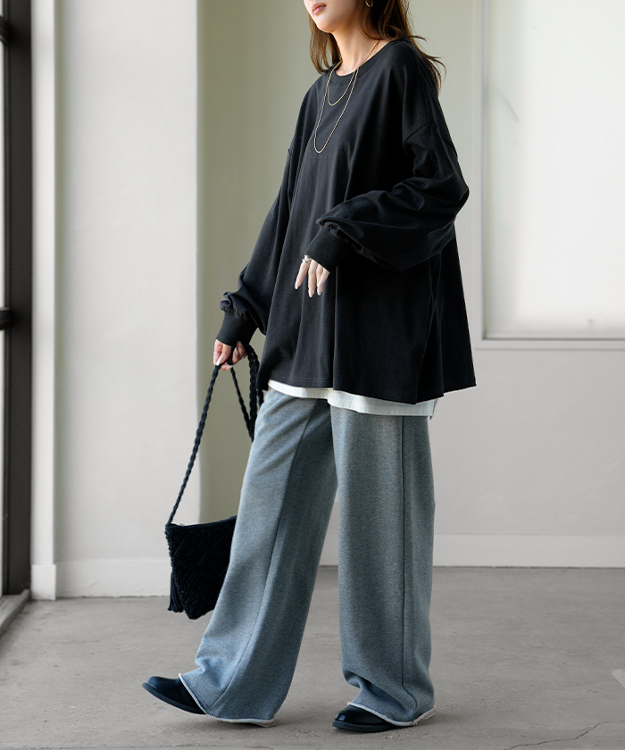トップス レディース 長袖 Tシャツ カットソー ロング ティーシャツ チュニック ビッグ Vネック クルーネック 長い ドルマン ゆったり 無地 体型カバー | HUG.U | 06