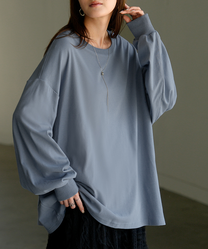 トップス レディース 長袖 Tシャツ カットソー ロング ティーシャツ チュニック ビッグ Vネック クルーネック 長い ドルマン ゆったり 無地 体型カバー | HUG.U | 03