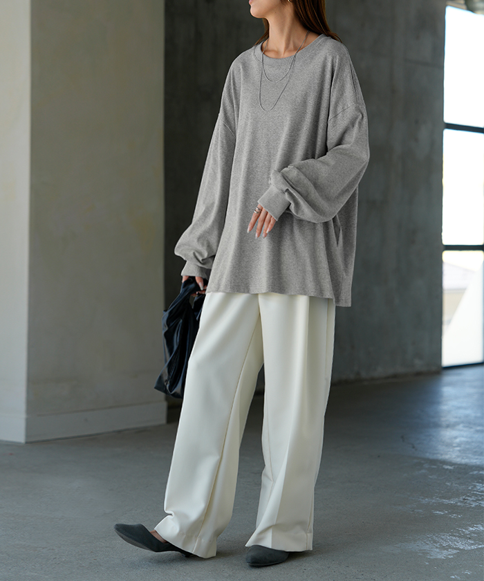 トップス レディース 長袖 Tシャツ カットソー ロング ティーシャツ チュニック ビッグ Vネック クルーネック 長い ドルマン ゆったり 無地 体型カバー | HUG.U | 04