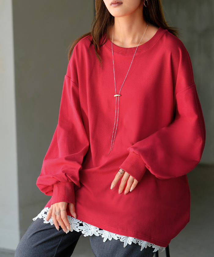 トップス レディース 長袖 Tシャツ カットソー ロング ティーシャツ チュニック ビッグ Vネック クルーネック 長い ドルマン ゆったり 無地 体型カバー | HUG.U | 02