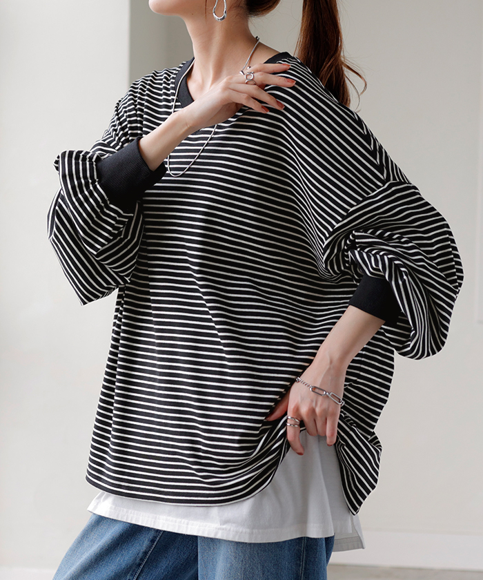 トップス レディース 長袖 Tシャツ カットソー ロング ティーシャツ チュニック ビッグ Vネック クルーネック 長い ドルマン ゆったり 無地 体型カバー | HUG.U | 04