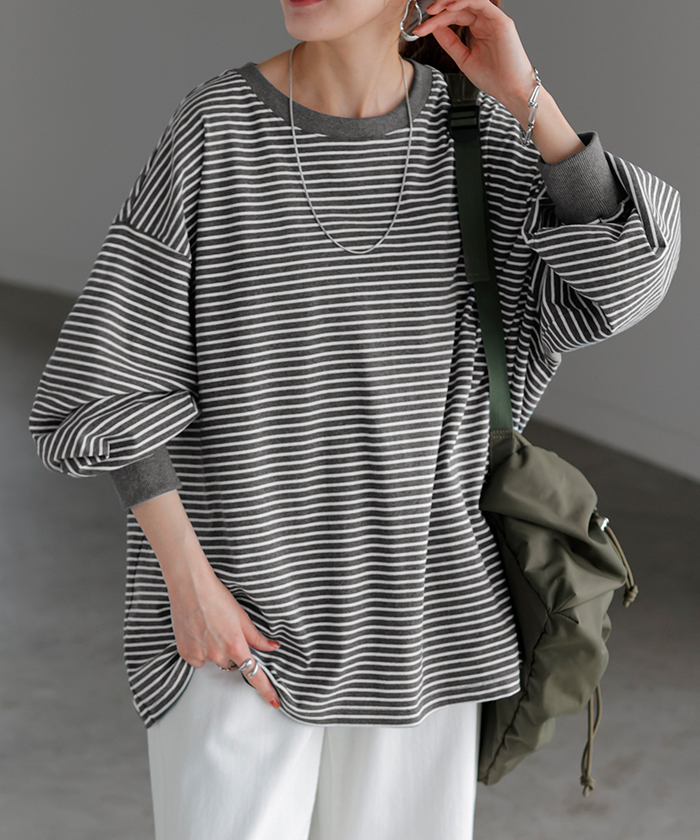 トップス レディース 長袖 Tシャツ カットソー ロング ティーシャツ チュニック ビッグ Vネック クルーネック 長い ドルマン ゆったり 無地 体型カバー | HUG.U | 03