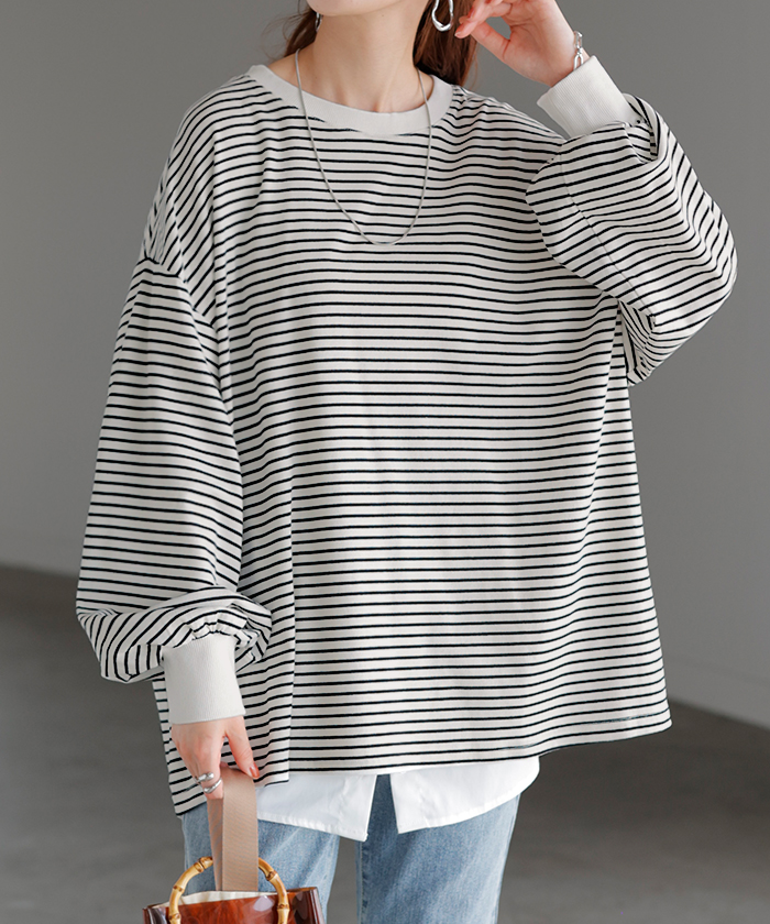 トップス レディース 長袖 Tシャツ カットソー ロング ティーシャツ チュニック ビッグ Vネック クルーネック 長い ドルマン ゆったり 無地 体型カバー | HUG.U | 01