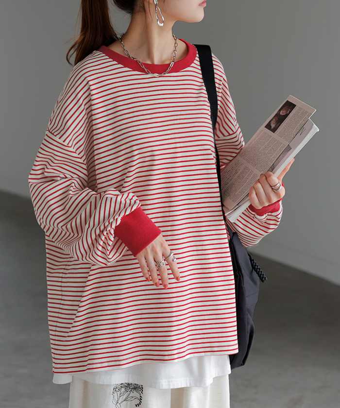 トップス レディース 長袖 Tシャツ カットソー ロング ティーシャツ チュニック ビッグ Vネック クルーネック 長い ドルマン ゆったり 無地 体型カバー | HUG.U | 02