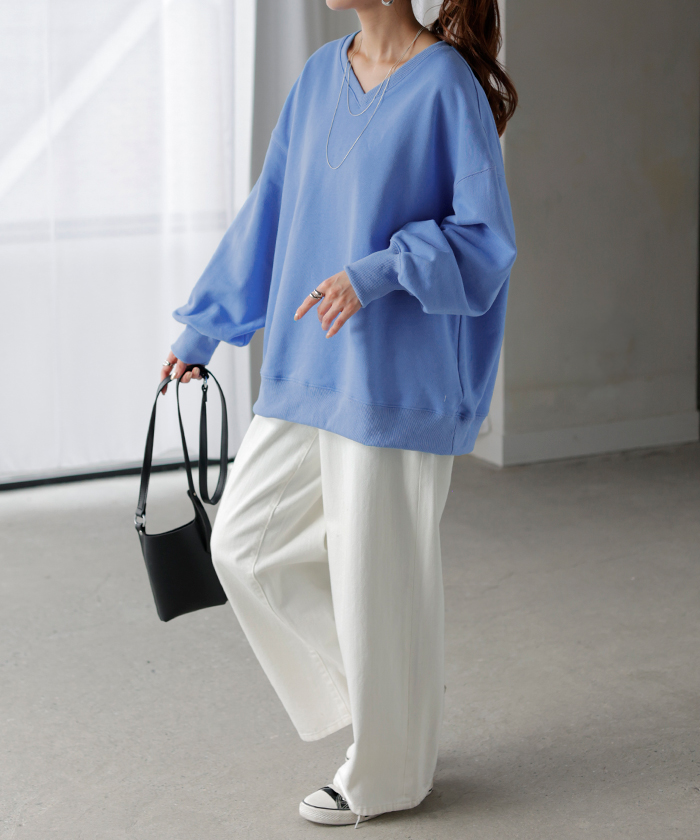 スウェット チュニック 綿100 レディース トップス ロング トレーナー オーバー プルオーバー 無地 長袖 長い ドルマン Vネック | HUG.U | 02