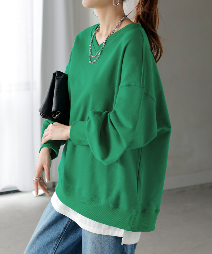 スウェット チュニック 綿100 レディース トップス ロング トレーナー オーバー プルオーバー 無地 長袖 長い ドルマン Vネック | HUG.U | 04