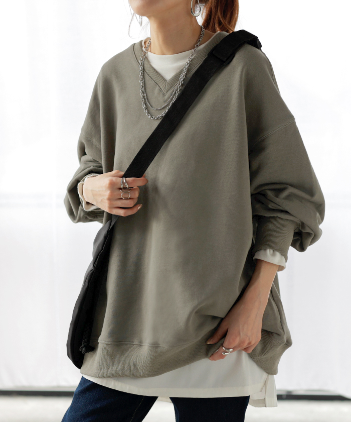 スウェット チュニック 綿100 レディース トップス ロング トレーナー オーバー プルオーバー 無地 長袖 長い ドルマン Vネック | HUG.U | 06