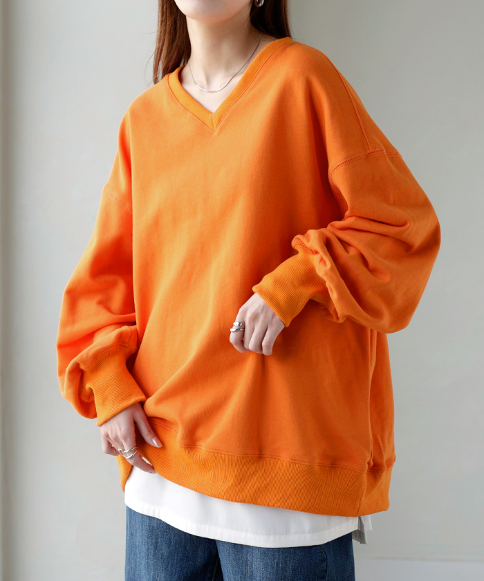 スウェット チュニック 綿100 レディース トップス ロング トレーナー オーバー プルオーバー 無地 長袖 長い ドルマン Vネック | HUG.U | 07