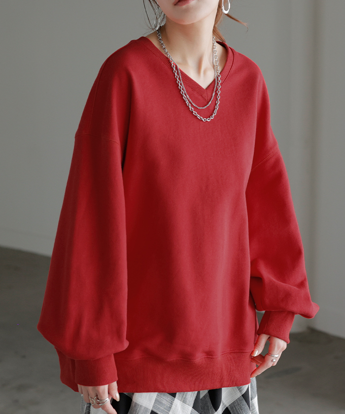 スウェット チュニック 綿100 レディース トップス ロング トレーナー オーバー プルオーバー 無地 長袖 長い ドルマン Vネック | HUG.U | 08