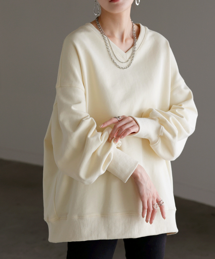 スウェット チュニック 綿100 レディース トップス ロング トレーナー オーバー プルオーバー 無地 長袖 長い ドルマン Vネック | HUG.U | 01