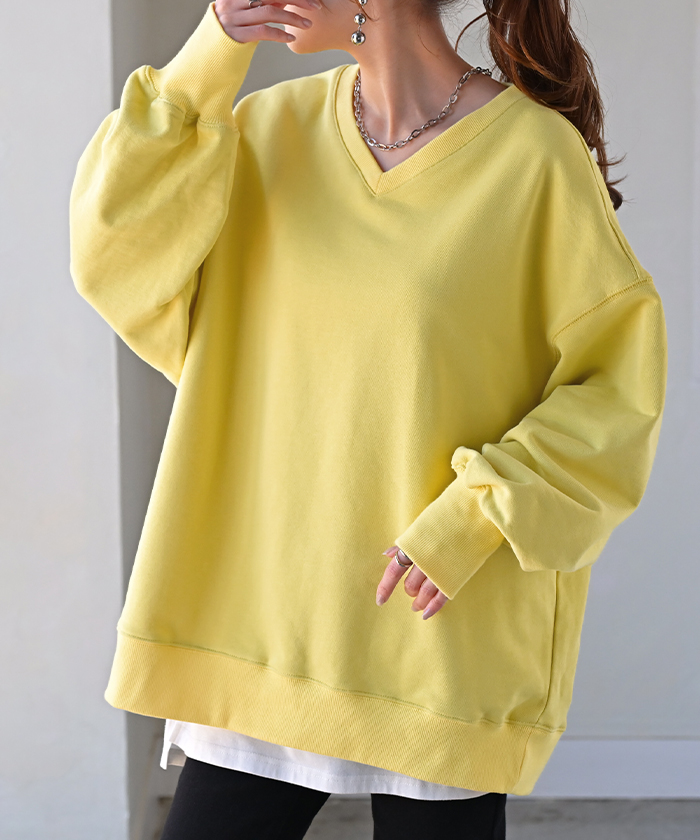 スウェット チュニック 綿100 レディース トップス ロング トレーナー オーバー プルオーバー 無地 長袖 長い ドルマン Vネック | HUG.U | 09