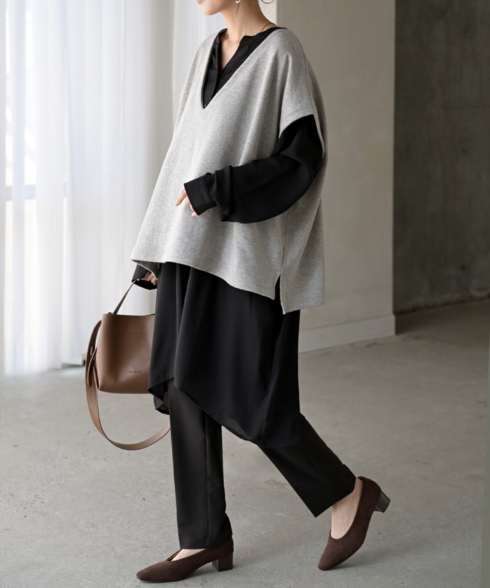 ワンピース シャツ チュニック ノーカラー レディース トップス バンドカラー ブラウス ロング ロングシャツ Vネック シフォン シワになりにくい レイヤード | HUG.U | 04