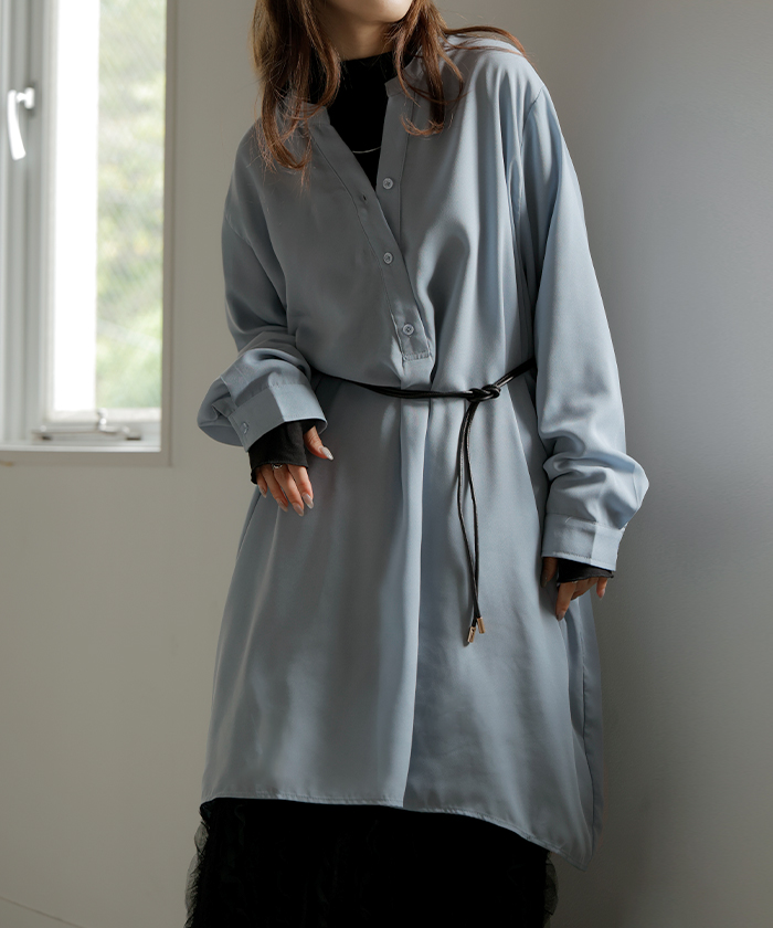 ワンピース シャツ チュニック ノーカラー レディース トップス バンドカラー ブラウス ロング ロングシャツ Vネック シフォン シワになりにくい レイヤード | HUG.U | 03