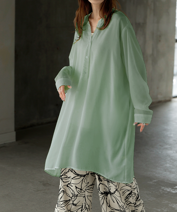 ワンピース シャツ チュニック ノーカラー レディース トップス バンドカラー ブラウス ロング ロングシャツ Vネック シフォン シワになりにくい レイヤード | HUG.U | 02