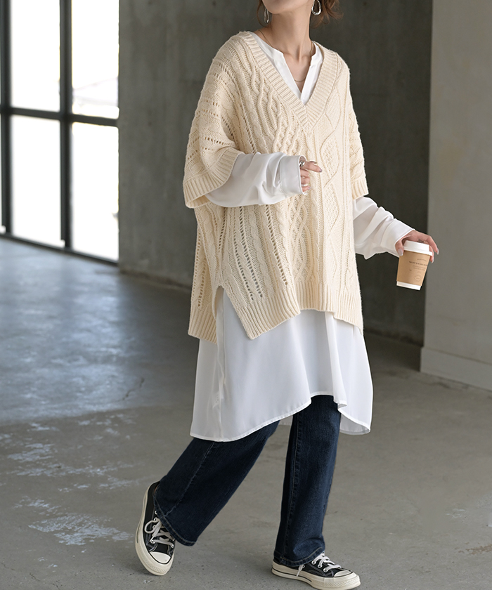 ワンピース シャツ チュニック ノーカラー レディース トップス バンドカラー ブラウス ロング ロングシャツ Vネック シフォン シワになりにくい レイヤード | HUG.U | 01