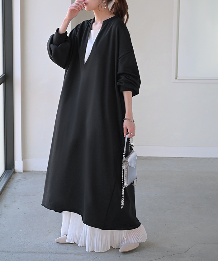 ワンピース 深V ぽわん袖 スウェット ワンピ レディース ロング ロングワンピース スエット トレーナー Aライン | HUG.U | 03