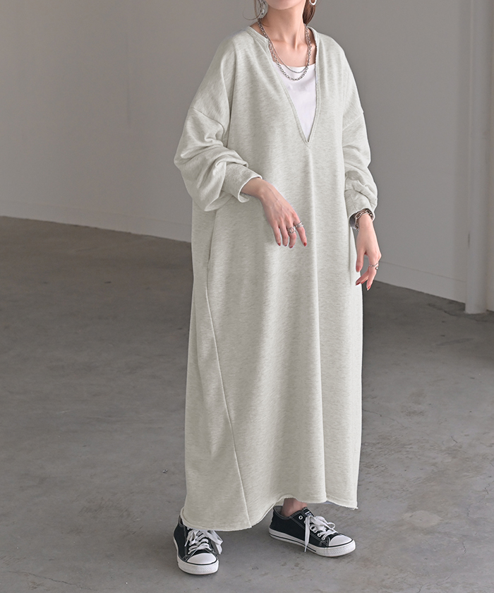 ワンピース 深V ぽわん袖 スウェット ワンピ レディース ロング ロングワンピース スエット トレーナー Aライン | HUG.U | 01