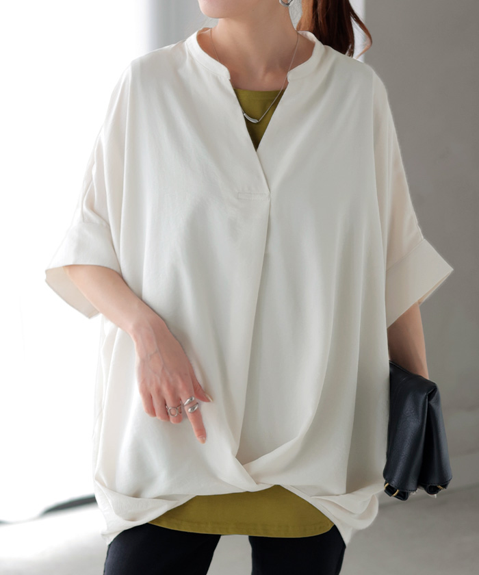 ブラウス キーネック シャツ レディース トップス スキッパー ロング チュニック 二の腕カバー 半袖 変形シルエット コクーン きれいめ ドルマン レイヤード | HUG.U | 02