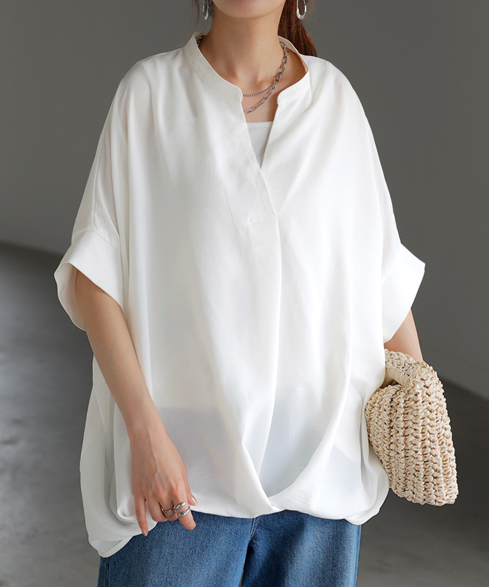 ブラウス キーネック シャツ レディース トップス スキッパー ロング チュニック 二の腕カバー 半袖 変形シルエット コクーン きれいめ ドルマン レイヤード | HUG.U | 01