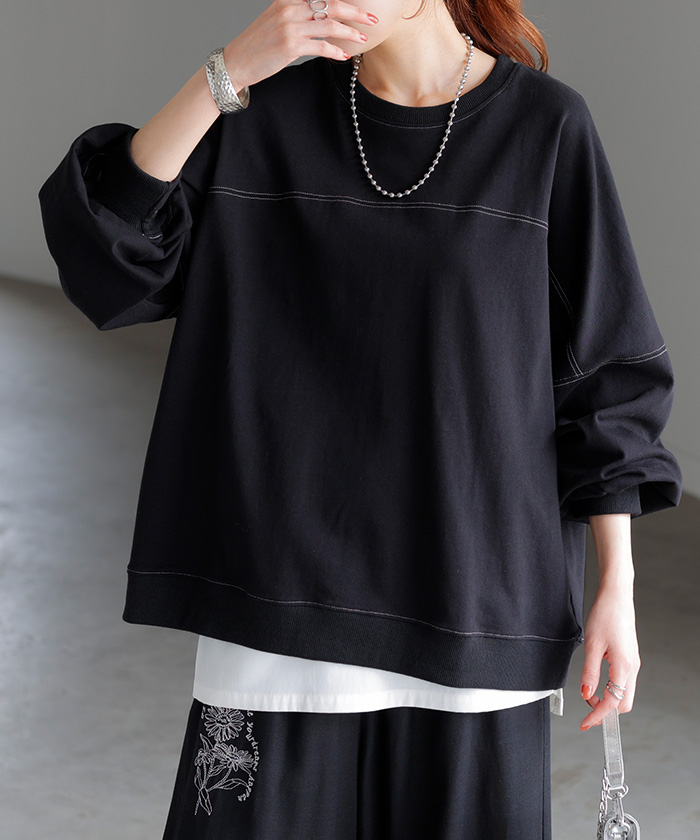 ロンT 配色 ステッチ レディース トップス 長袖 Tシャツ カットソー ロング ティーシャツ ビッグ プラスサイズ | HUG.U | 07