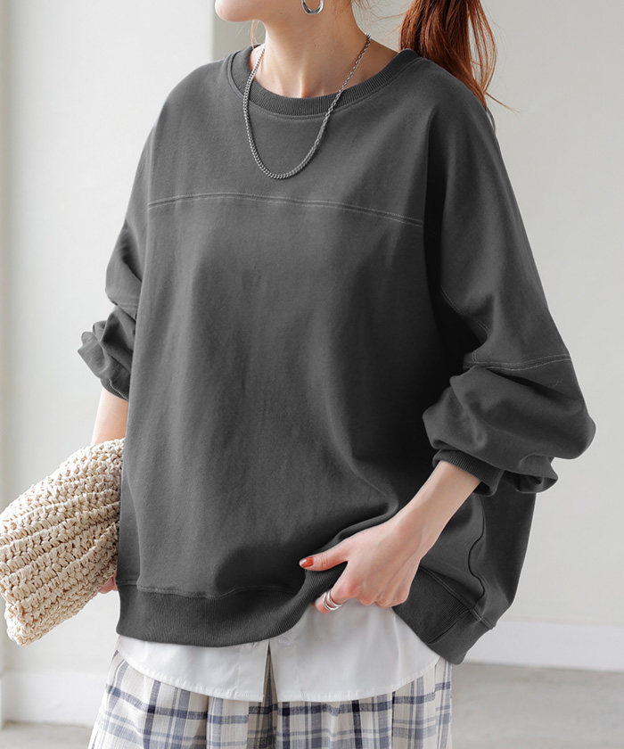 ロンT 配色 ステッチ レディース トップス 長袖 Tシャツ カットソー ロング ティーシャツ ビッグ プラスサイズ | HUG.U | 06