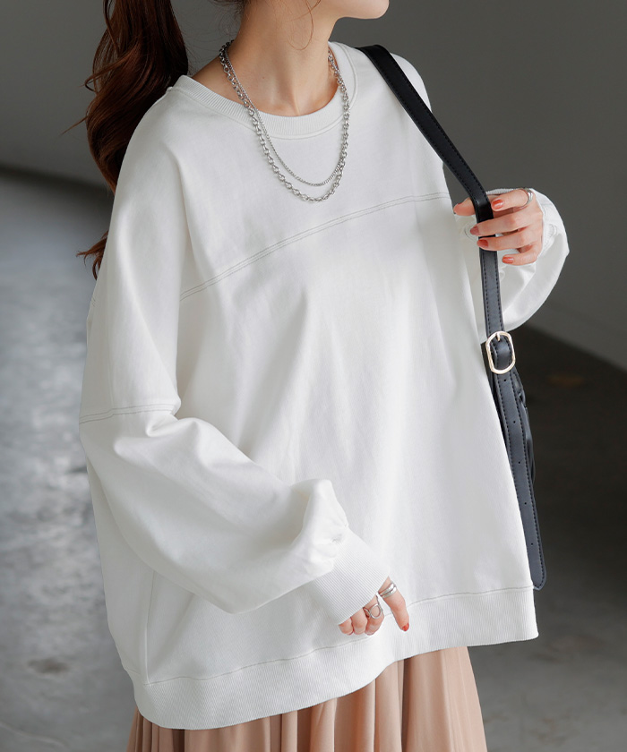 ロンT 配色 ステッチ レディース トップス 長袖 Tシャツ カットソー ロング ティーシャツ ビッグ プラスサイズ | HUG.U | 01