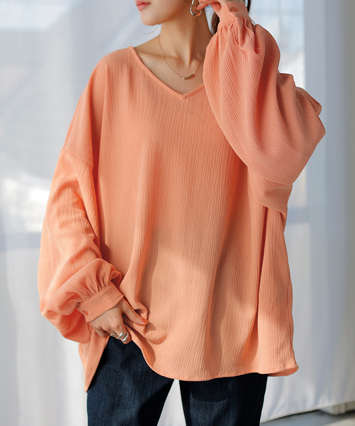 シャツ 楊柳シャツ レディース Ｖネック チュニック トップス ブラウス ロング ロングシャツ チュニック | HUG.U | 04