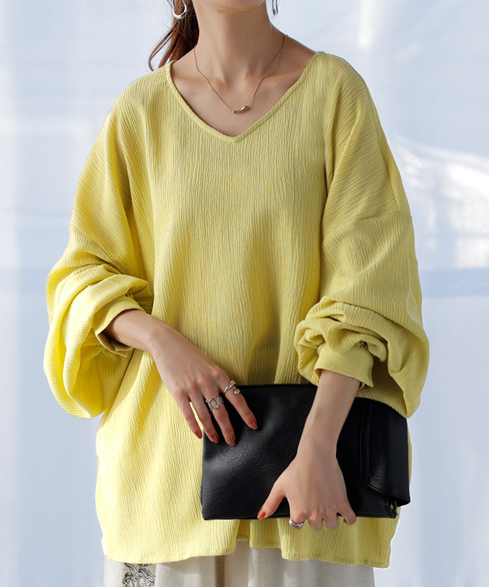 シャツ 楊柳シャツ レディース Ｖネック チュニック トップス ブラウス ロング ロングシャツ チュニック | HUG.U | 03