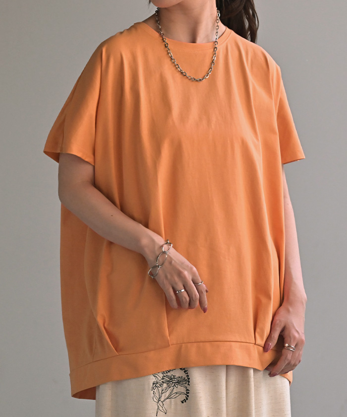 Tシャツ 接触冷感 タック レディース トップス 涼しい 薄手 半袖 カットソー ロング ティーシャツ チュニック | HUG.U | 04