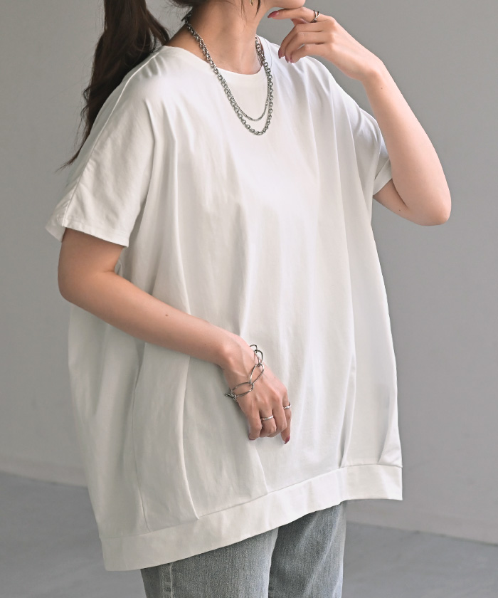 Tシャツ 接触冷感 タック レディース トップス 涼しい 薄手 半袖 カットソー ロング ティーシャツ チュニック | HUG.U | 01