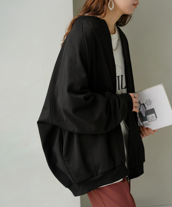 アウター ブルゾン レディース ロング ジャケット ジャンパー ボリュームスリーブ MA-1 裏毛 リブ ドルマン ラグランスリーブ 羽織 耐久性 速乾 ライトアウター | HUG.U | 04